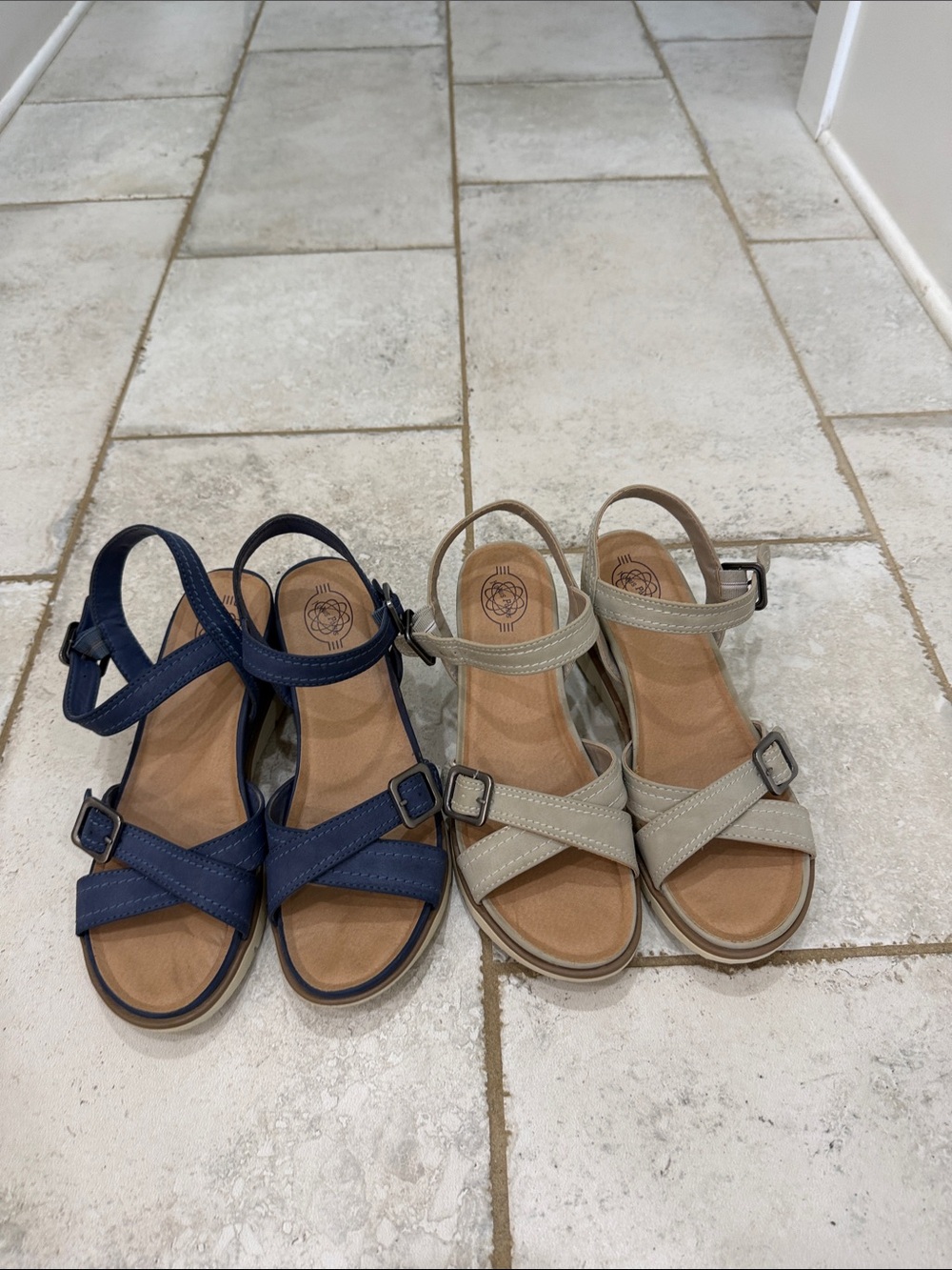 Women’s Strappy Ankle-Buckle Sandals in Navy and Taupe selling d a bundle